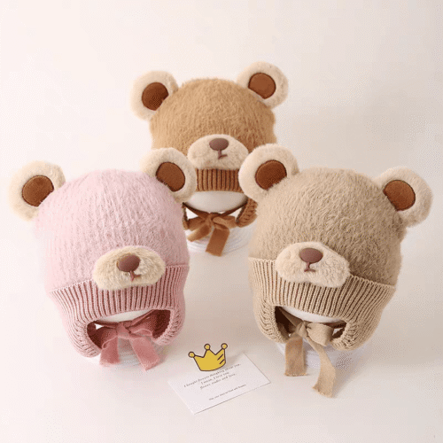 6M To 5Y Newborn Baby Kids Girls Boys Winter Warm Soft Knit Hat Cartoon Bear Solid Elastic Cute Earflap Beanie Ear Protection Cap